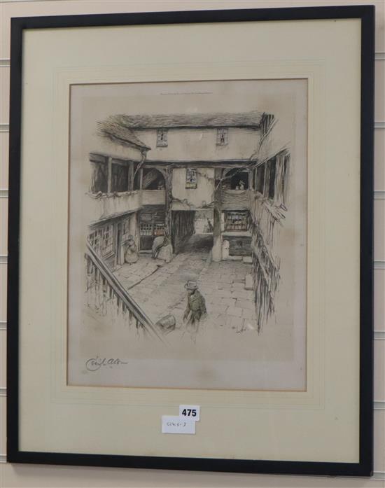 Cecil Aldin, colour print Tavern courtyard, signed in pencil, 45 x 37cm.